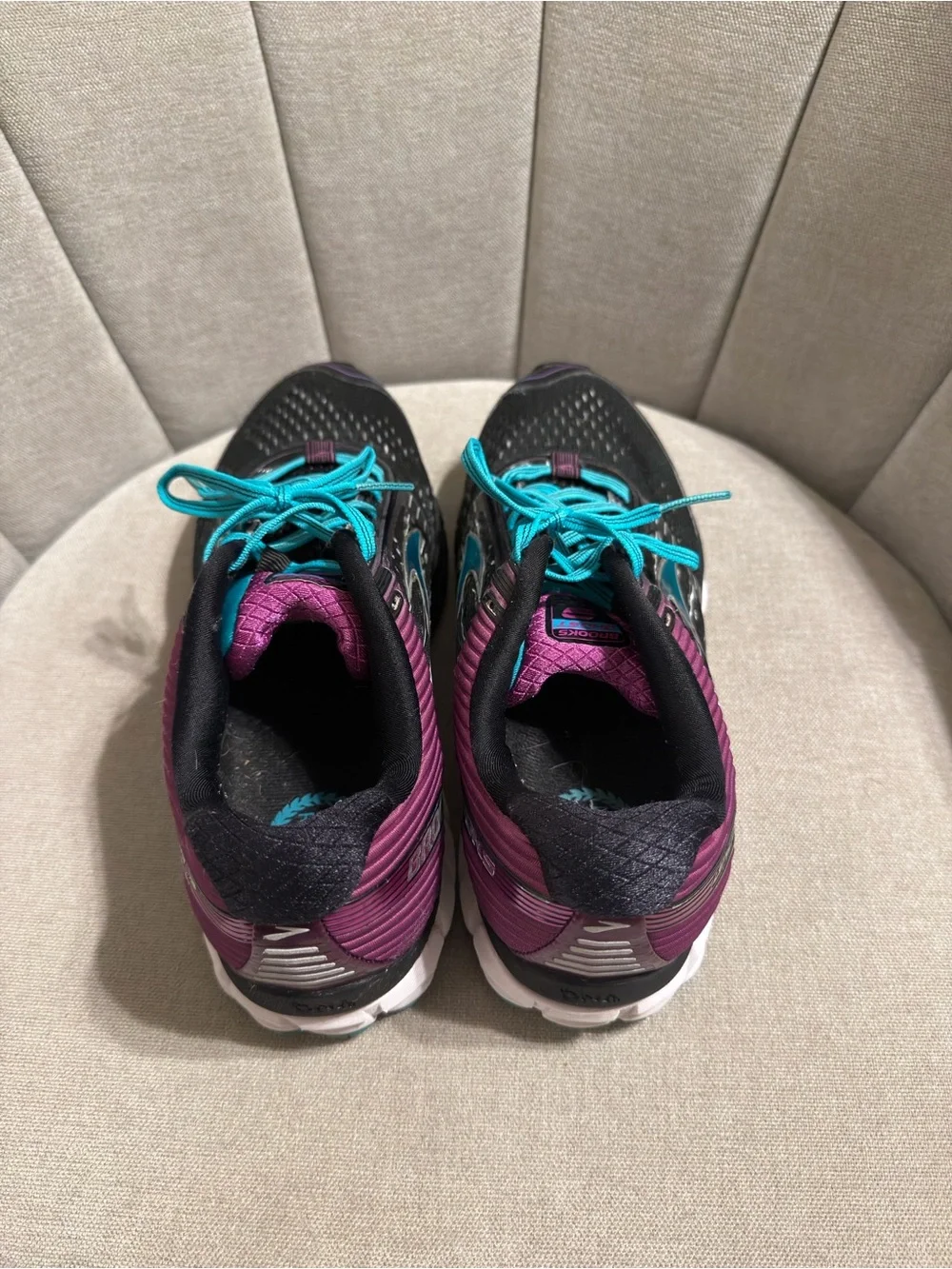 Women’s Brooks Ghost 9 Black Running Shoes with Teal Laces and Purple Accents